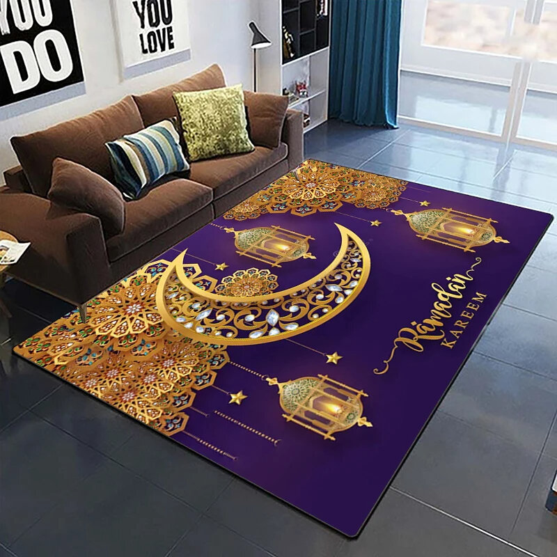 Esteira de oração islâmica para muçulmano, tapete islâmico para o festival do ramadhan, estrela e lua impressão, para a sala de estar, decoração do quarto