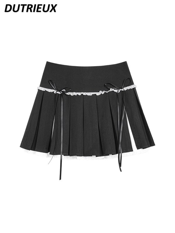 Preppy Style Cool Black Fake Two-Piece Bow Pleated Skirt Women 2024 Spring Summer New Slim Fit Mini Skirts Sweet Lolita Skirt