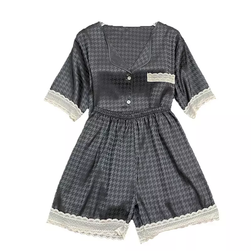 Conjunto de Pijama de seda de imitación para Mujer, ropa de dormir de manga corta con botones de satén, color liso a cuadros, 2 piezas, Verano