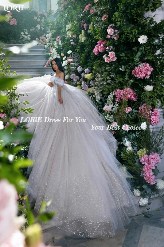 LORIE Glitter Tulle Wedding Dresses Off Shoulder Shiny Puffy Pleated Prom Bridal Gowns Sparkly Ball Pageant 2022 Bride Dress