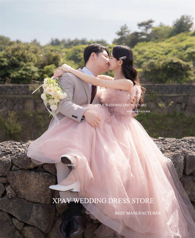 Xpay ชุดแต่งงานผ้าทูลสีชมพูอ่อนแบบเกาหลีมีสายรัดจีบสำหรับงานปาร์ตี้ตอนเย็น
