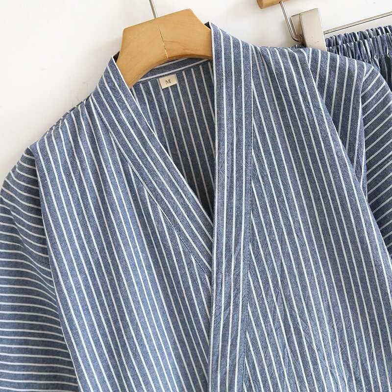 Conjunto de pijamas de verano para hombre, traje de Casa informal a rayas, pantalones cortos de manga corta de algodón, ropa de casa de estilo japonés para mujer, Primavera