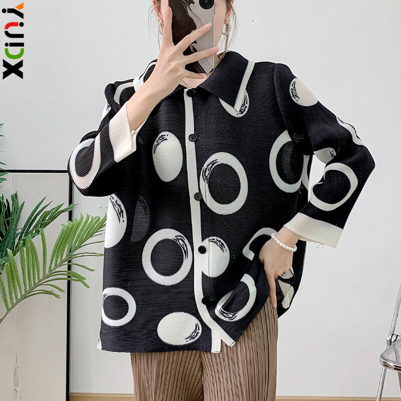 YUDX Pleated Polka Dot Printed Women's Blouse Loose Plus Size Slim Seven Sleeve Lapel Vintage Blouse 2024 Summer New