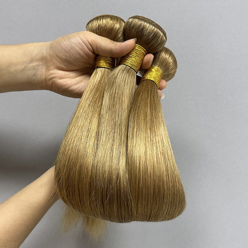 HairUGo-Extensions de cheveux humains blond miel, tissage de cheveux Remy pré-colorés, faisceaux droits brésiliens, #27