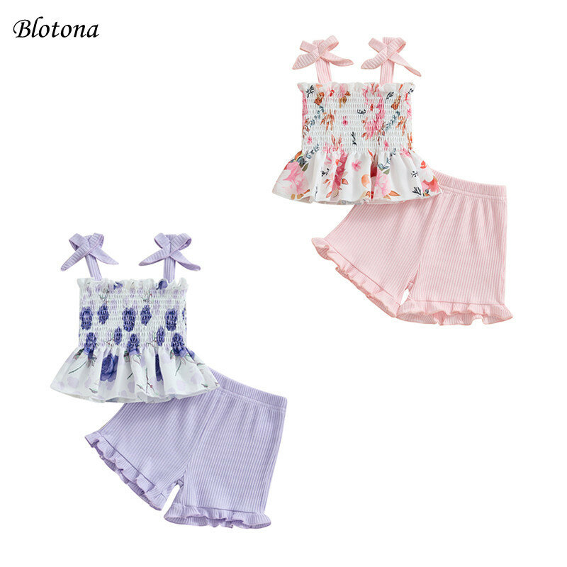 Blotona Toddler Girl Shorts Outfit Floral Print Tie-up Tank Tops with Solid Color Ribbed Shorts 2 Pcs Summer Clothes 6M-4Y