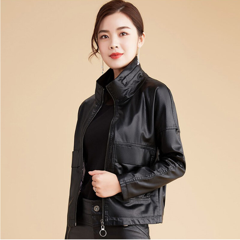 Jaqueta curta de couro solta feminina, pele de carneiro, colarinho em pé, novo estilo coreano, elegante, primavera e outono, 2023