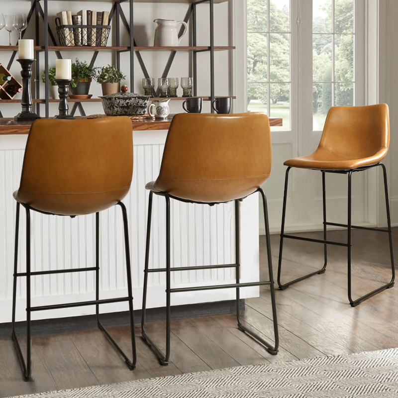 Waleaf 30 inch PU Faux Leather Counter Bar Height Stools with Back, Black Metal Legs Upholstered Modern Armless Set of 2