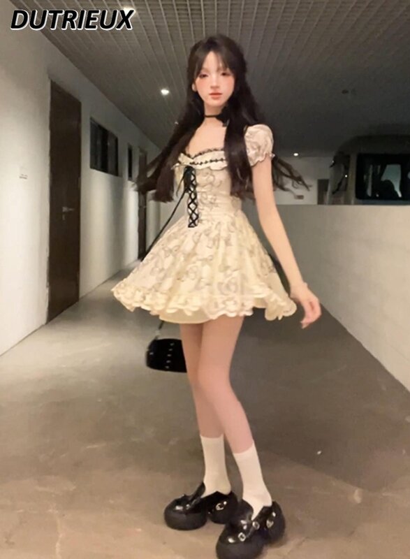 Sweet Square Collar Puff Sleeve Dress Female Slightly Oversized Girl Pure Desire Sexy Backless Waist Trimming Puff Short Dresses
