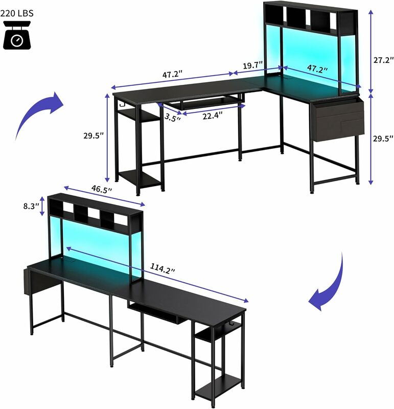 Meja berbentuk L dengan Hutch, meja komputer sudut dengan nampan Keyboard, Meja game kantor rumah besar dengan rak penyimpanan
