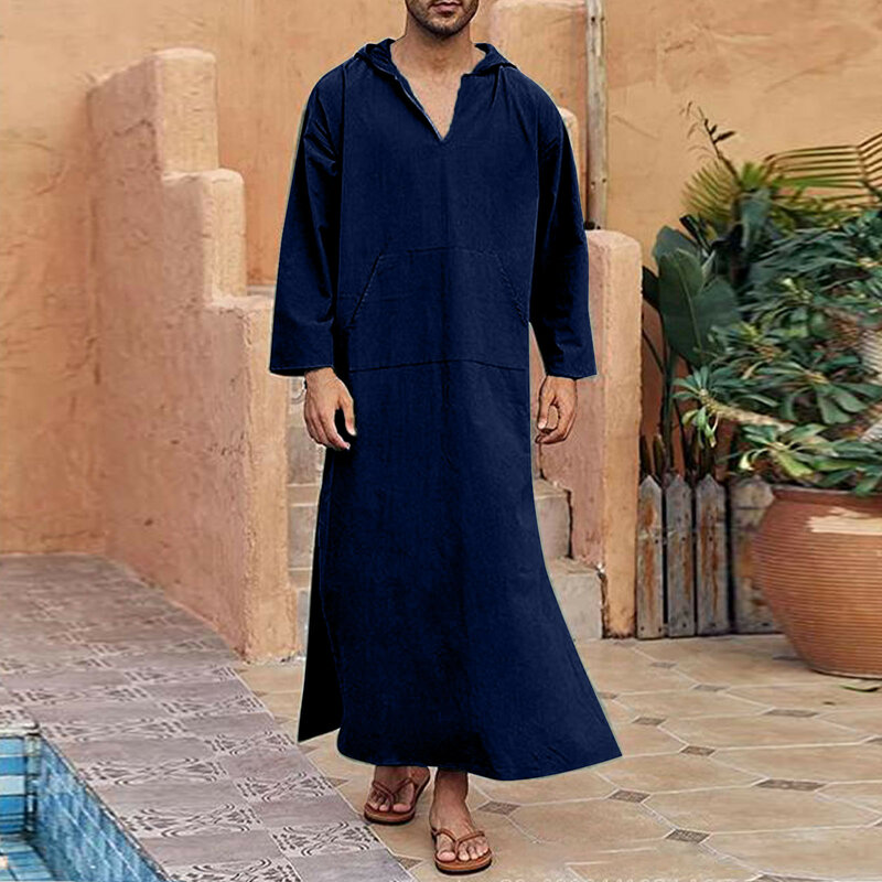 Jubba Thobe Kaftan musulmán árabe islámico para hombre, túnica de lino y algodón de manga corta con cuello en V, moda musulmana de Arabia, abaya, novedad de 2024
