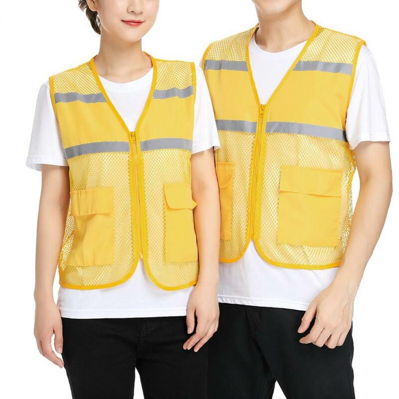 Pakaian kerja rompi seragam saku ganda tanpa lengan reflektif Strip bernapas warna Solid Pria Wanita musim panas Mesh rompi Volunteer