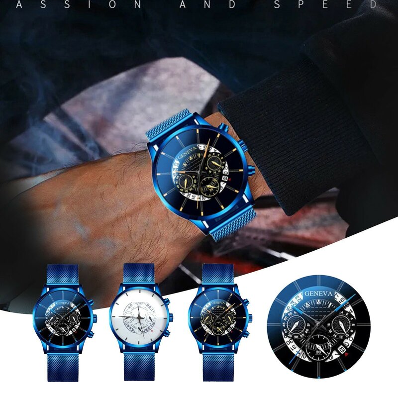 Reloj de pulsera de cuarzo para hombre, cronógrafo con correa de malla de acero inoxidable, de negocios, a la moda, de alta calidad