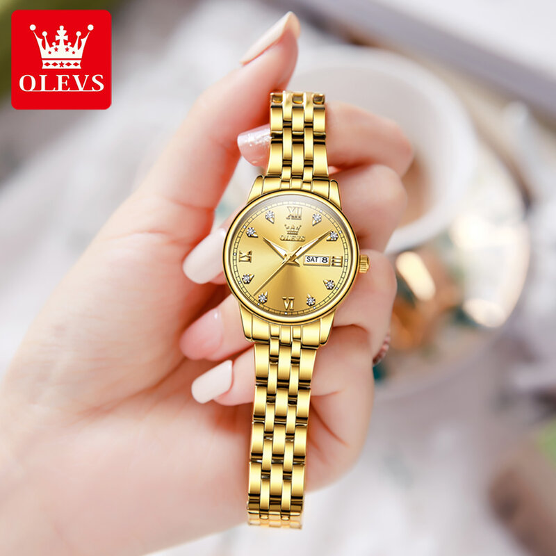 Olevs-女性用高級ゴールドクォーツ時計、ステンレス鋼、防水、週、カレンダー、ファッション、ブランド