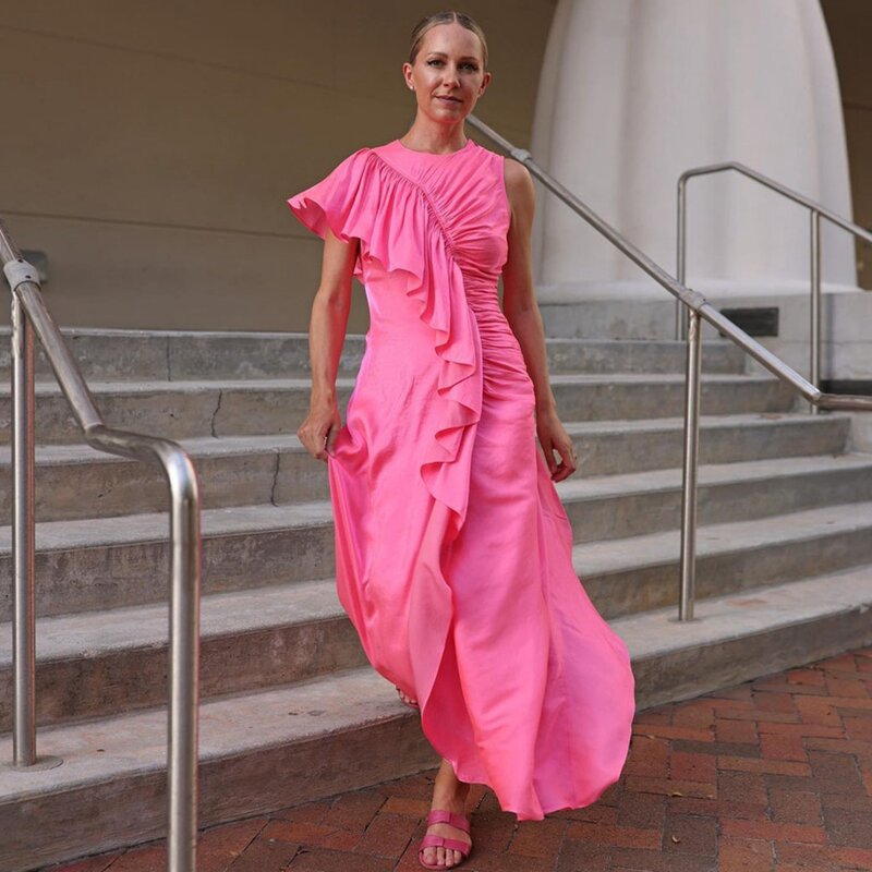 O-넥 민소매 발목 길이 가벼운 핑크 새틴 원피스 프릴 스트레이트 여성 의류, 에버 프리티 가운, 맞춤 제작, 무료 배송