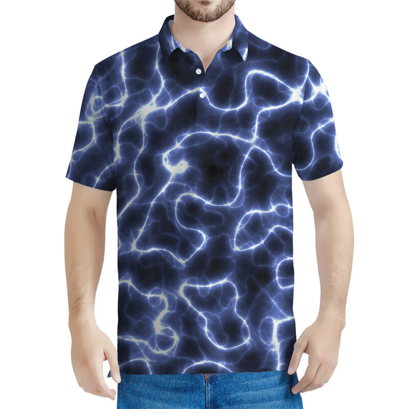 Kaos Polo motif 3D kilat untuk pria, kemeja POLO ukuran besar dengan kancing Streetwear kasual kaus kerah lengan pendek musim panas modis