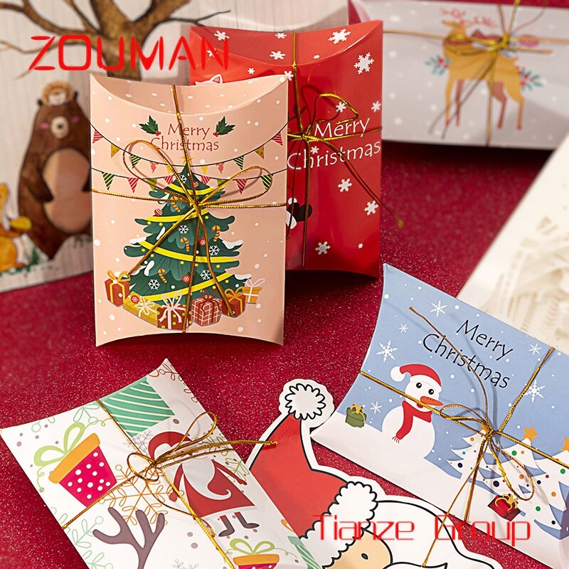 Custom , Hot Sell Santa Snowman Kraft Paper Pillow Box Candy Cookie Treat Merry Favor Gift Boxes For Food Packaging