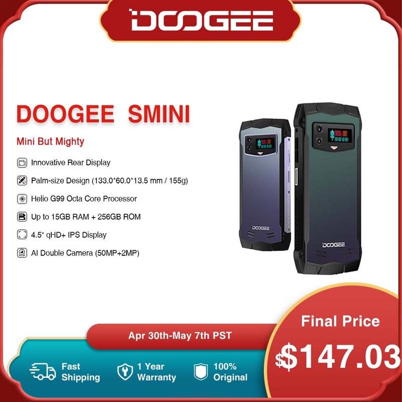 Doogee smini 4.5 "qhd display 50mp kamera helio g99 8gb 7gb erweiterter ram 256gb rom innovatives rückwärtiges display 3000mah 18w ladung