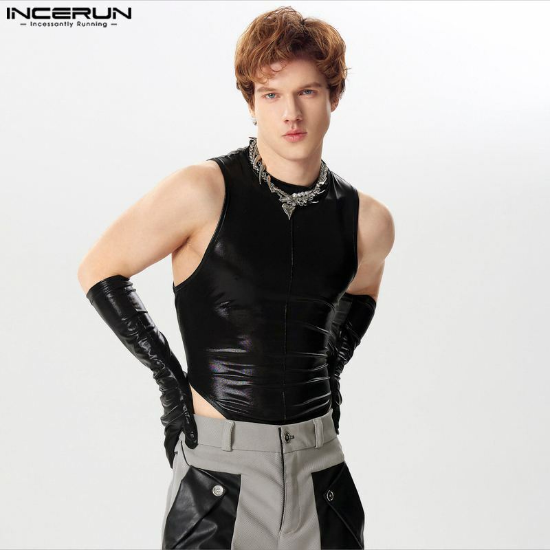 Incerun-男性の単色光沢のあるOネックノースリーブボディスーツ、手袋付き、セクシーな男性のロンパース、スリムストリートウェア、ファッション、S-5XL、2024