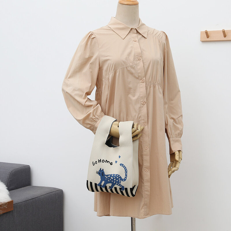New Cute Cat Knitted Handbag Fashion Handmade Shoulder Bag Lady Leisure Tote Bag Japanese Student Reusable Shopping Bags