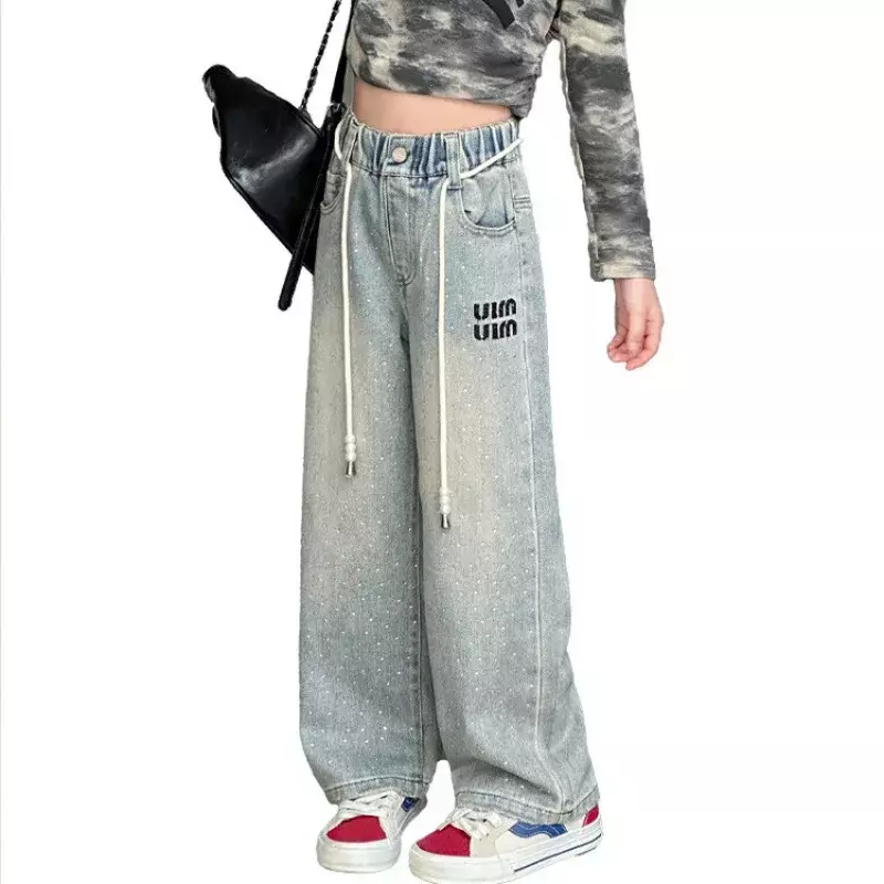 Dziewczęce gorące dżinsy z haftem diamentowym 2024, wiosenne dziecięce spodnie z szerokimi nogawkami, edycja koreańska, luźne spodnie dla dziewczynek 120-170 cm
