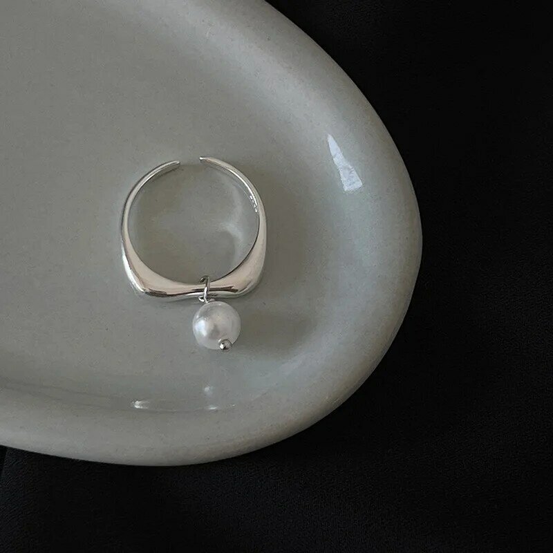 925 Sterling Silver Geometric Pearl Tassel Rings For Women Men Simple Design Fashion Open Adjustable Handmade Couple Ring Gift