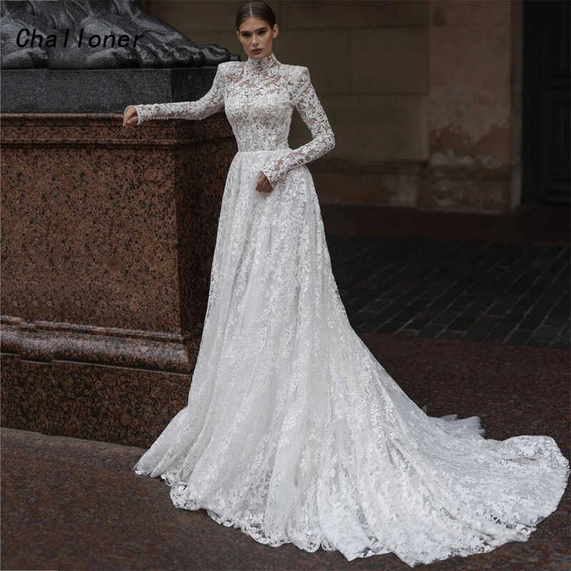 Gaun pernikahan klasik A-Line chalroner gaun pengantin renda applique Lengan Panjang ilusi gaun pengantin Tulle panjang lantai Vestidos De Novia baru