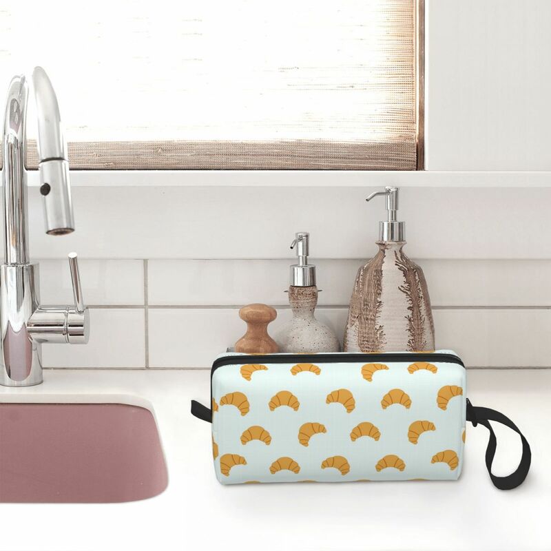 Cute Croissant Print On Blue Background Makeup Bag Cosmetic Dopp Kit Toiletry Cosmetic Bag for Women Beauty Travel Pencil Case