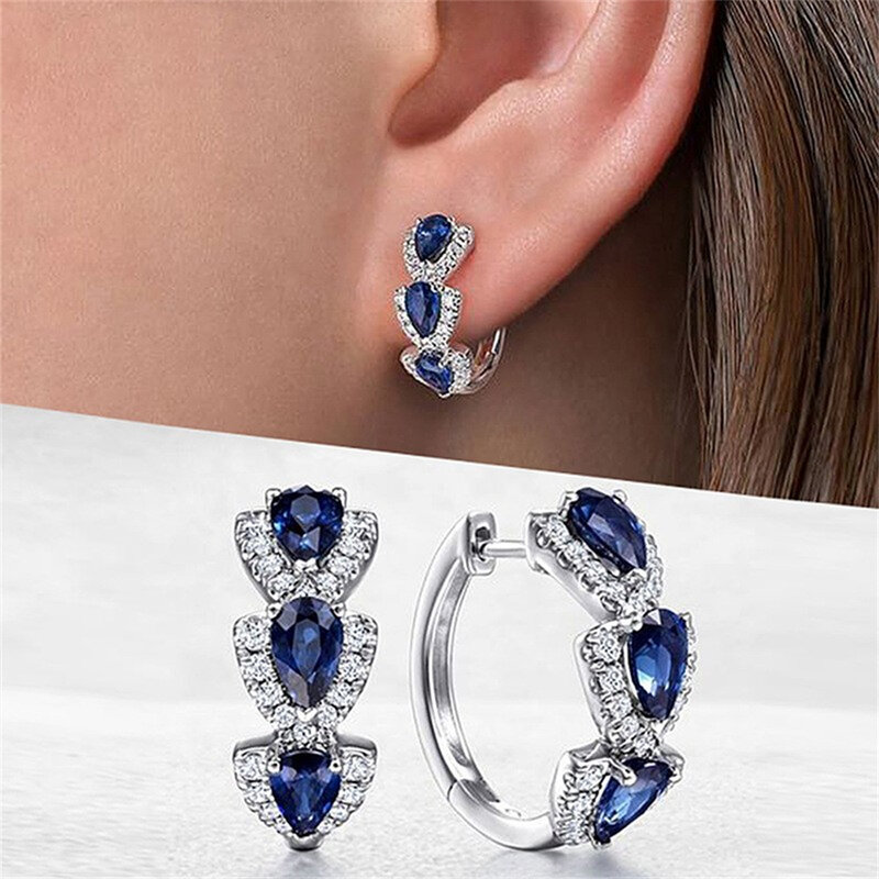 1/3/5PCS Huitan Fashion Pear Blue CZ Earrings for Women Silver Color Circle Hoop Temperament Female Ear Accessories Wedding