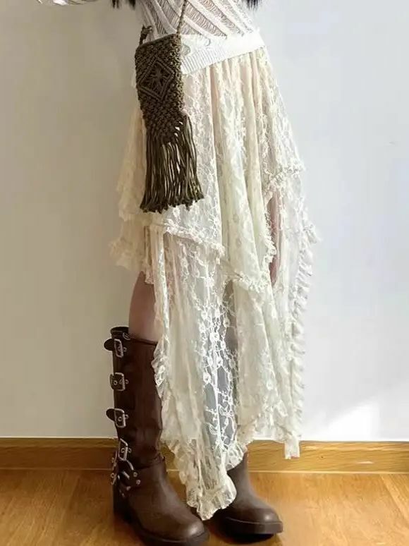 Юбка асимметричная кружевная женская летняя одежда Мягкая универсальная шикарная уличная одежда Y2k модная Свободная Женская юбка в Корейском стиле