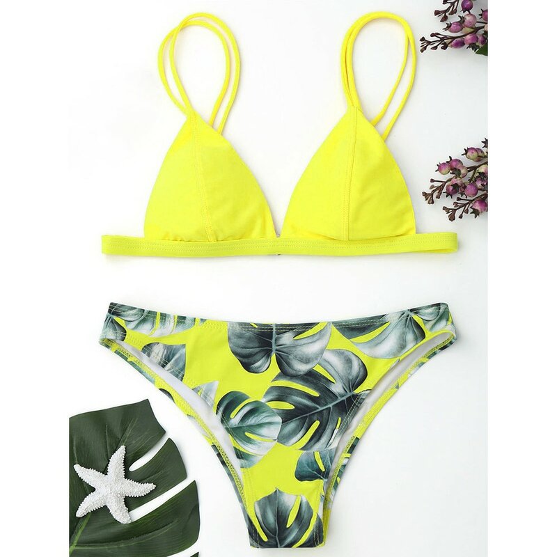 Conjunto de biquíni estampado folhas femininas, maiô push-up, maiô acolchoado, moda praia, conjunto de banho verão