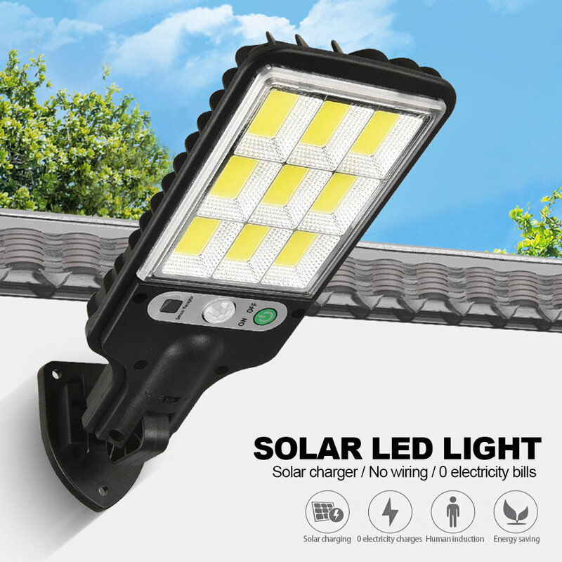 Lampadaire solaire LED COB avec détecteur de mouvement PIR, étanche, 3 modes, télécommande, lampe solaire pour jardin, applique murale de sécurité, extérieur