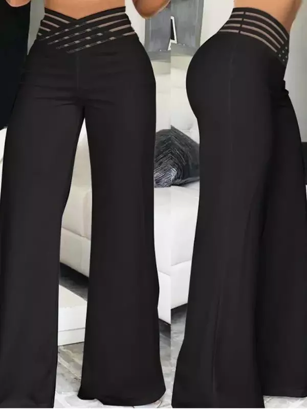 Pantalon évasé taille haute pour femme, patch en maille transparente entrecroisée, vêtements de bureau décontractés, patch en maille, élégant, fjWomen, nouveau, 2021