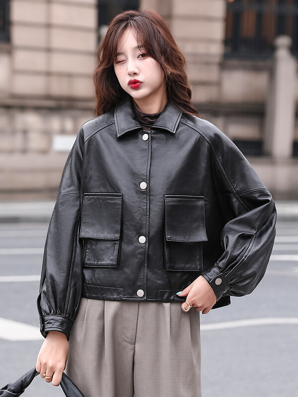 Giacche in pelle coreana nera donna inverno moda bottone coperto giacca da motociclista da Moto tasche Streetwear femminili cappotti Casual larghi