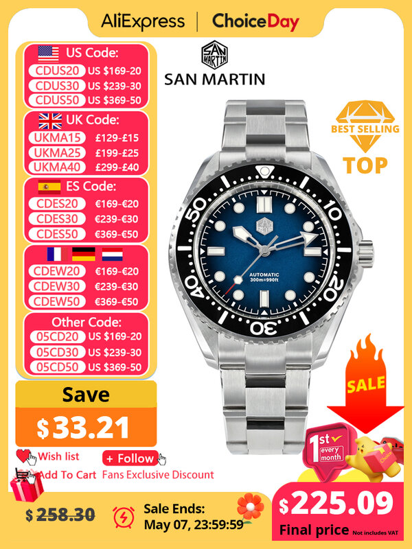 San Martin relógio de mergulho masculino, dispositivo de hélio, automático, mecânico, vintage, impermeável, gradiente, luxo, novo atualizado, 300m, NH35