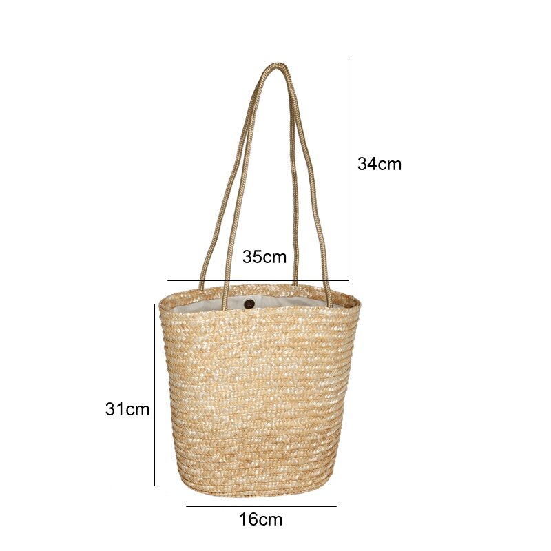Francês retro grande-capacidade feminina saco de palha cor sólida férias praia viagem sacola natural palha ombro basket praia sacos
