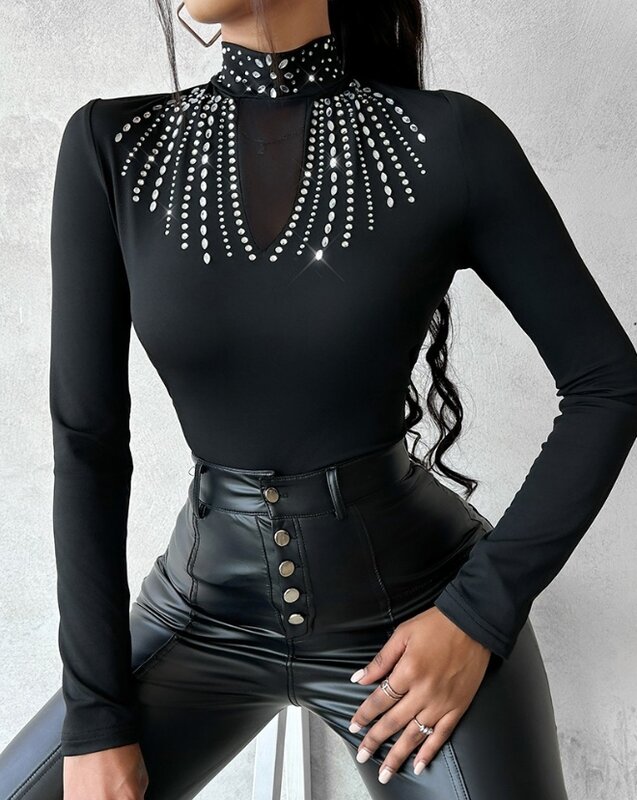 Dingtalk kaus kasual untuk wanita, atasan tipis kain kasa lengan panjang dekorasi berlian imitasi leher tinggi ketat penjualan laris