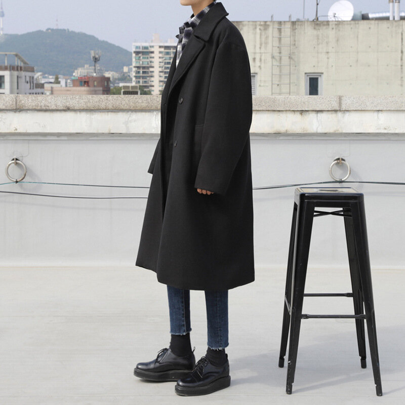 Versão coreana inverno do casaco de lã longo grosso dos homens Solto e casual bonito preto lapela casaco de lã.