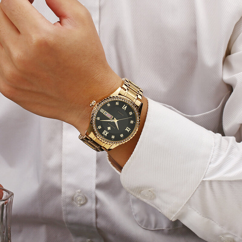 Relógio de quartzo em aço inoxidável para homens e mulheres, par par par relógio diamante e ouro, marca superior, luxo, presentes amante, moda