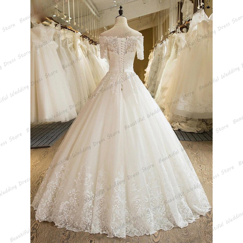 Sexy Off Shoulder A-Line Bridal Gowns Short Sleeve Lace Applique Beach Mariage Party Back Lace up Wedding Dresses Luxury 2023 De