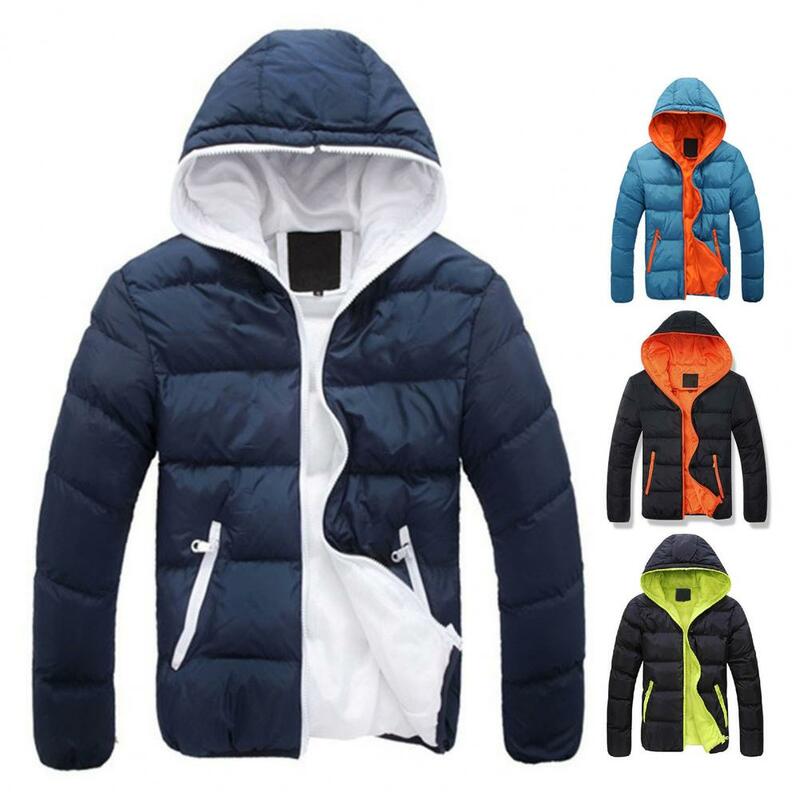남성용 세련된 겨울 패딩 재킷, 후드 드로스트링, 긴팔 지퍼 플래킷, 슬림핏, 두껍고 따뜻한 코트