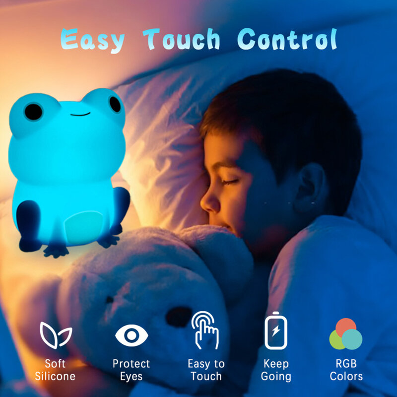 Bonito Silicone LED Sapo Night Light, Sensor de toque, Timer regulável, USB recarregável, lâmpada de cabeceira para crianças, Decoração do quarto do bebê