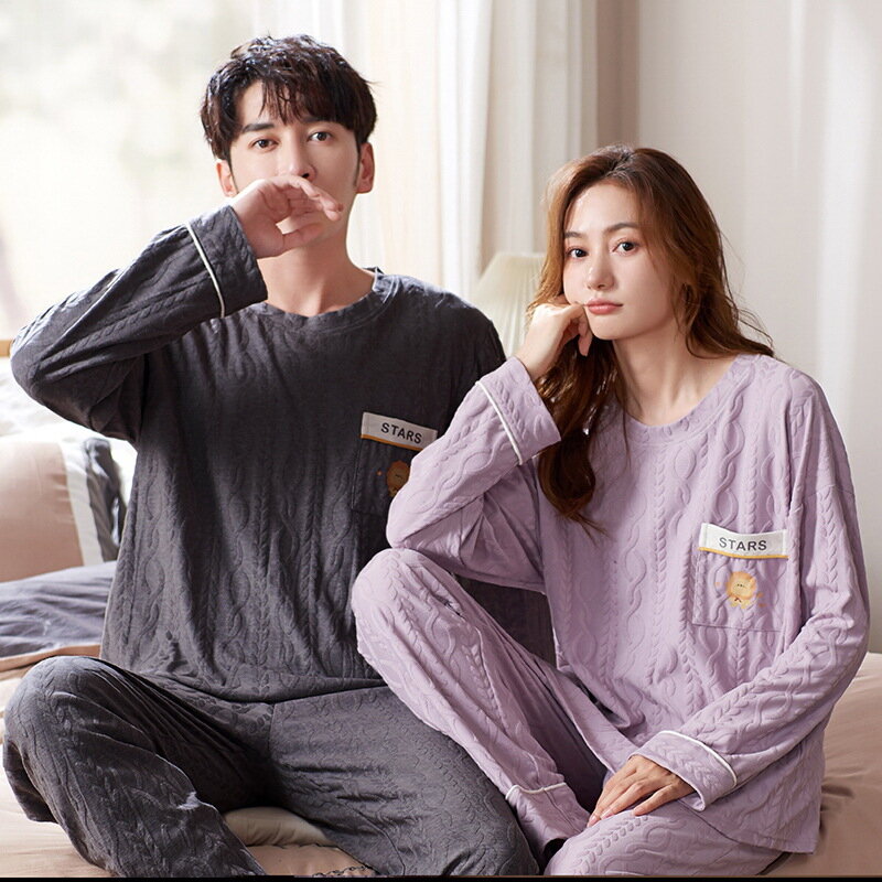 Set Piyama Pria Katun Loungewear Pasangan Korea Pakaian Tidur Wanita Atasan Tidur Panjang Musim Gugur Baju Tidur Pria Wanita Dropship