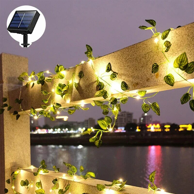Solar LED String Lights para exterior, videira artificial, fada corda planta lâmpada, verde Rattan String, Maple Leaf, Ivy Garland, Natal