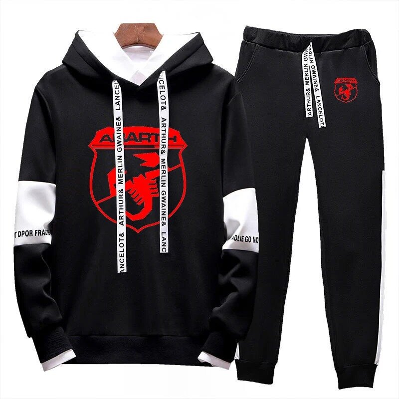 Men's Abarth spring and autumn high quality printing fashion casual hoodie drawstring sweatpants new lace-up two-piece suit.