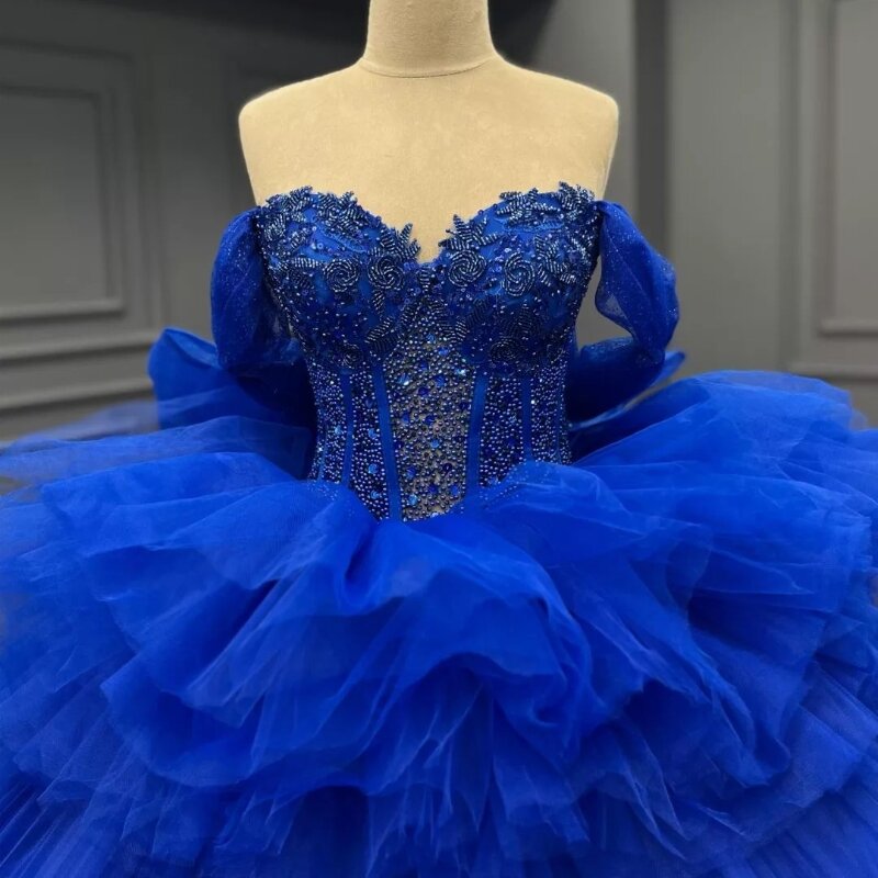 Gaun biru Royal Quinceanera gaun pesta ulang tahun Prom 16 manis bertingkat manik-manik renda bahu terbuka Vestido De vx 15 Anos