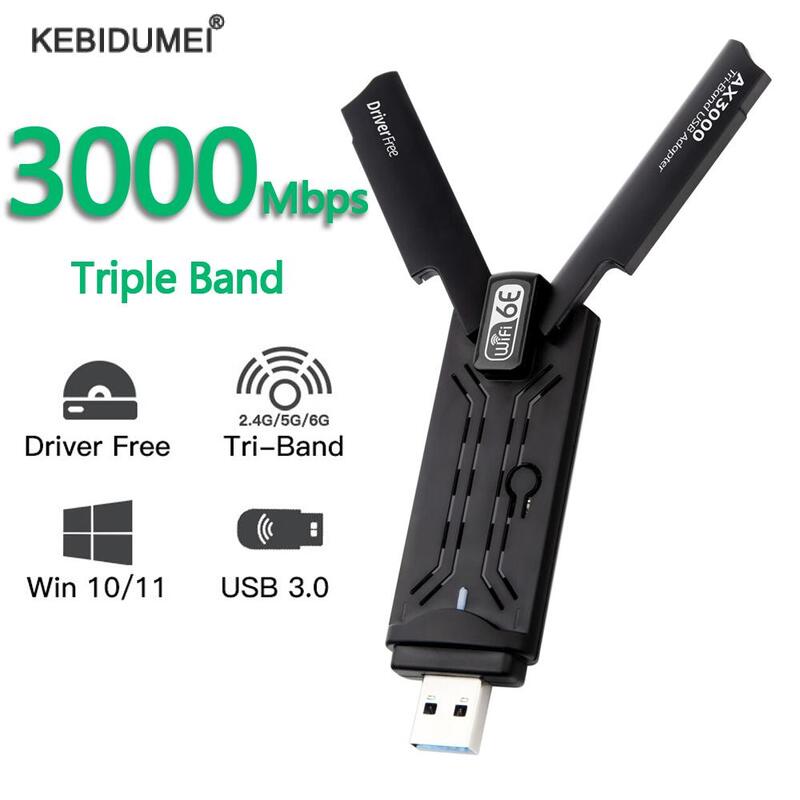 Adaptor USB Wifi6E, Dongle penerima Wifi 2.4G & 5G & 6GHz 3000Mbps USB 3.0 untuk Laptop/PC Windows 10 11 Gratis Driver