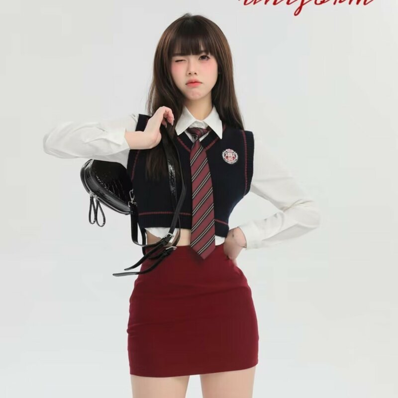 Koreaanse Japan Stijl Schooluniform Jk Uniform Hot Girl Fashion Korea Verbeterde School Uniform Gebreide Vest Rok Driedelige Set