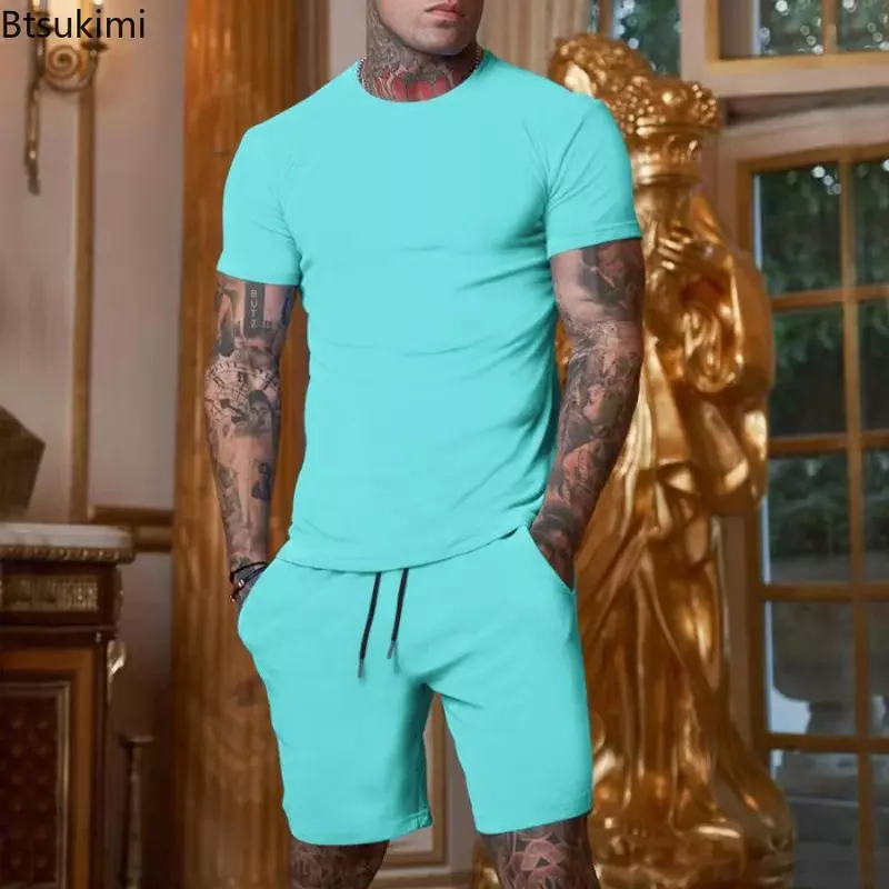 2024 Summer 2PCS Tracksuit for Men Short Sleeve T-Shirt+Shorts 2 Piece Set Sports Suit Men Solid Gyms Fitness Sportswear Sets