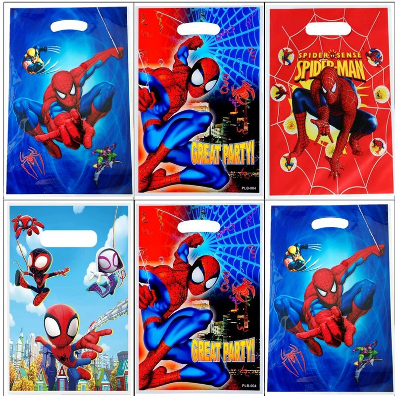 Sacs cadeaux pour fête d'anniversaire Spiderman, sac à bonbons en plastique à thème araignée, sac à butin de fête pour enfants, fournitures de décoration