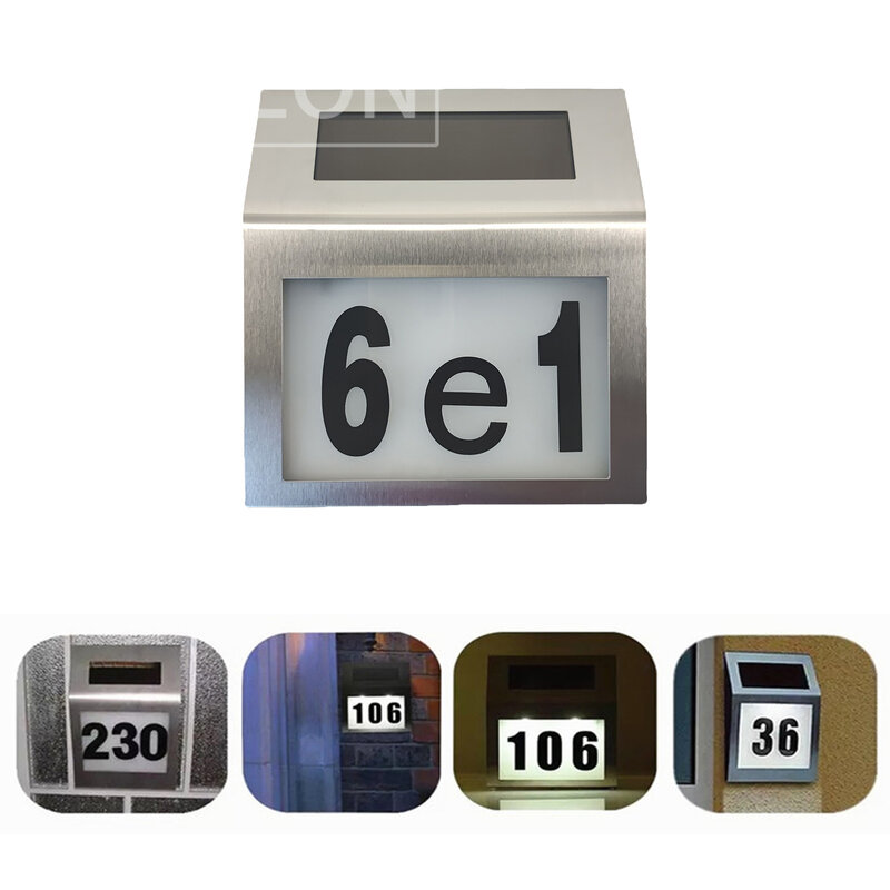 Solar Powered House Number Plaque Stainless Steel LED Number Sign Light Outdoor Door Address Plate